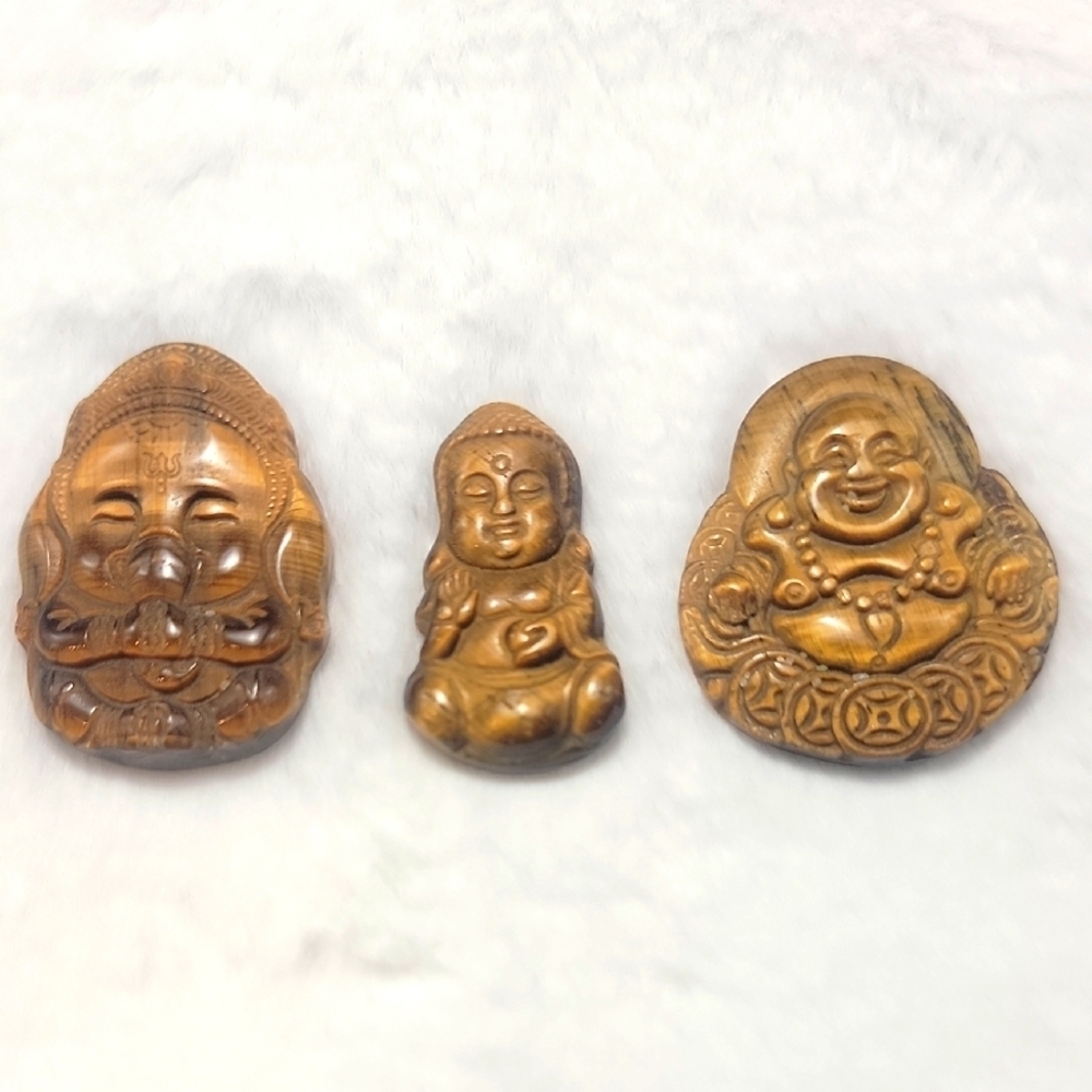 Set of Three Tiger Eye Money Happy Buddas Hand Carved Natural Gemstone Crystal